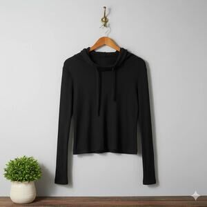 Paper Crane Shirt Medium Waffle Knit Drawstring Neck Waffle Long Sleeve Black